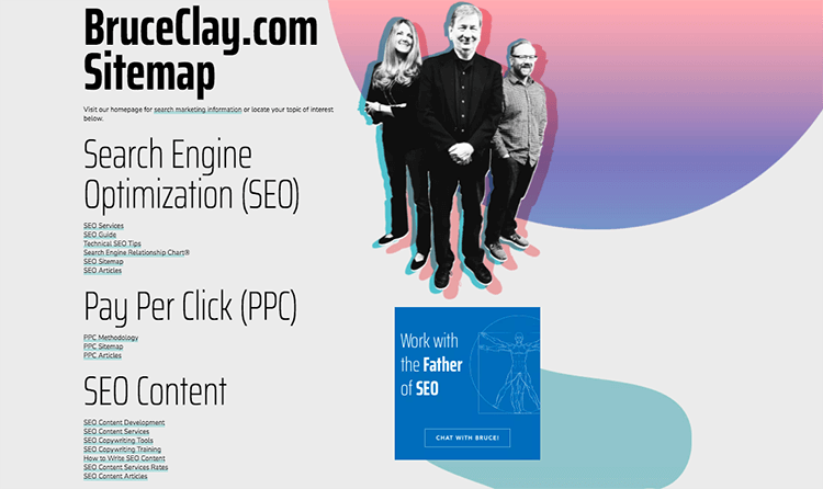 Screenshot of branded HTML sitemap at BruceClay.com.