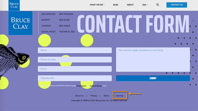 Screenshot of HTML sitemap footer link at BruceClay.com.