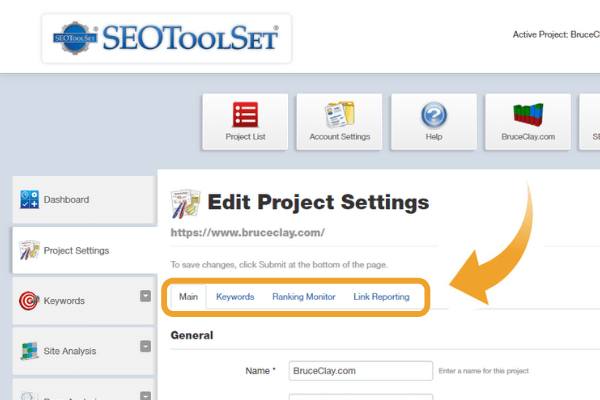 SEOToolSet screenshot showing where to edit project settings.