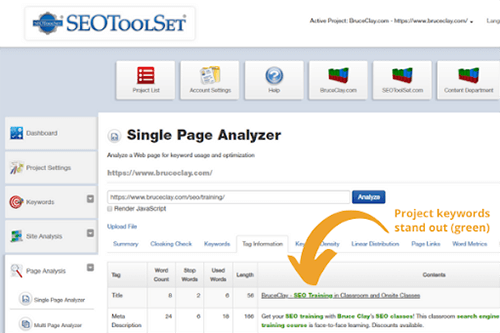 SEOToolSet screenshot showing the Single Page Analyzer.