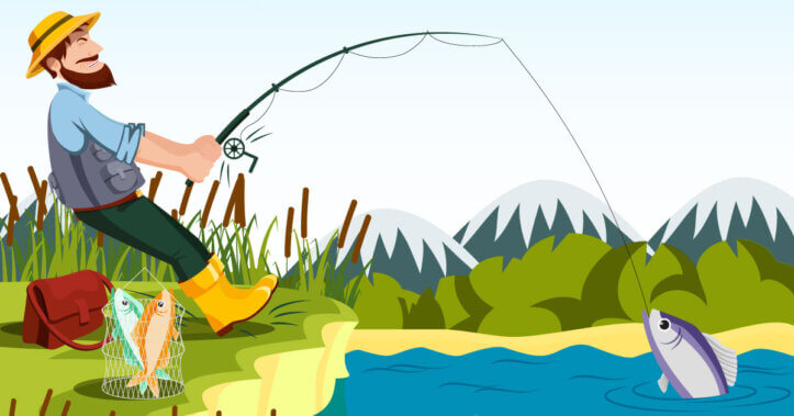 Vector illustration of a man fishing, pulling on fishing rod to reel in a fish.