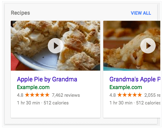 Google recipe page appearing in graphical search result.
