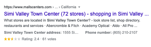 Google search engine results page displaying star reviews for Simi Valley Town Center. 