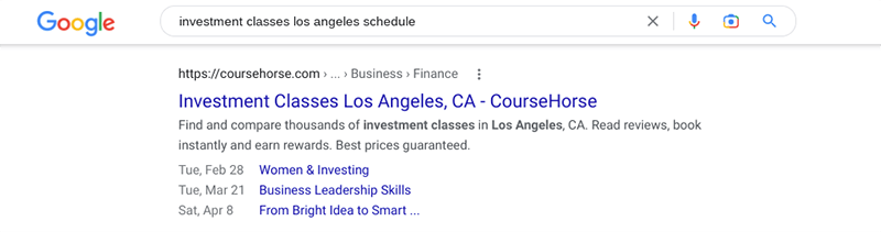 Google search results showing structured data for investment classes in Los Angeles.