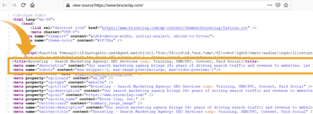 Screenshot of HTML code for BruceClay.com homepage.
