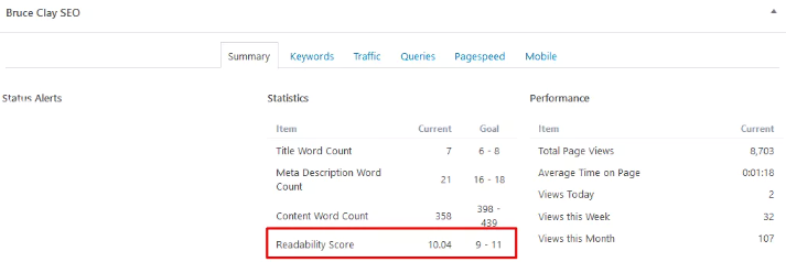 Bruce Clay SEO WP plugin summary tab.