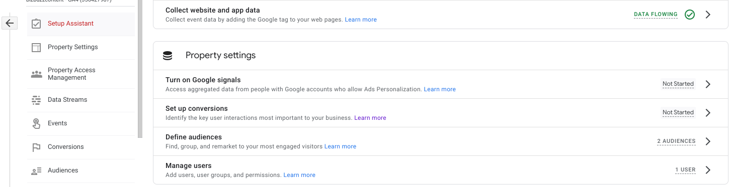 Property settings in GA4 Setup Assistant.