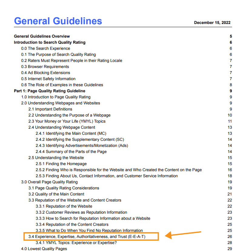 Google’s Search Quality Rater Guidelines table of contents.