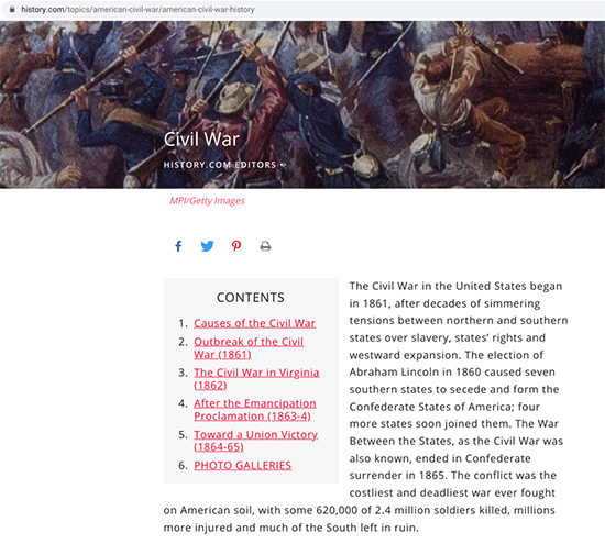 A webpage on the American Civil War from History.com.