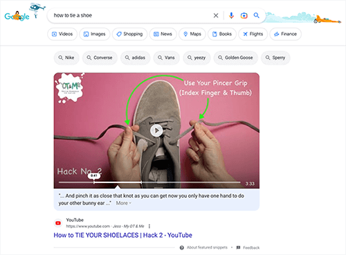 Google Search results showing a “how-to” video in “position zero” for the query “how to tie a shoe.”
