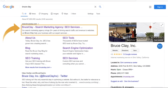 Screenshot of Bruce Clay search engine results page.