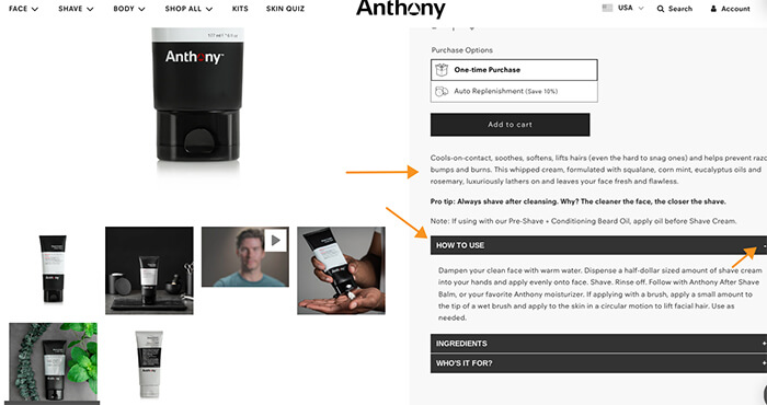 Product page from Anthony.com showing a toggle with more details about a product.
