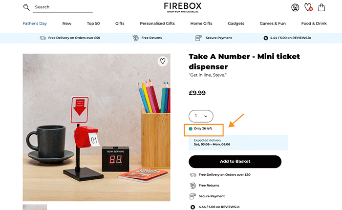 Product page showing stock levels on Firebox.com.