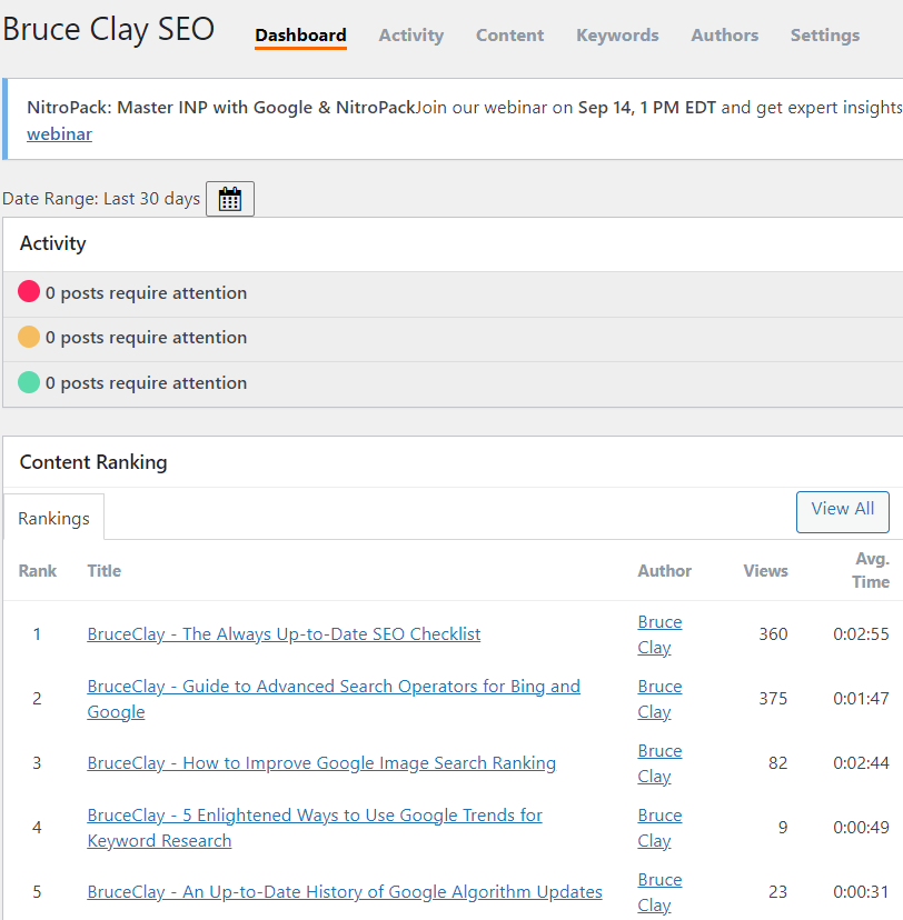 Screenshot of Bruce Clay SEO Plugin for WordPress dashboard showing content ranking.
