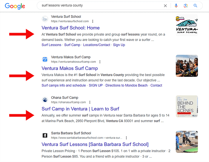 Google search results for the query “surf lessons ventura county.”