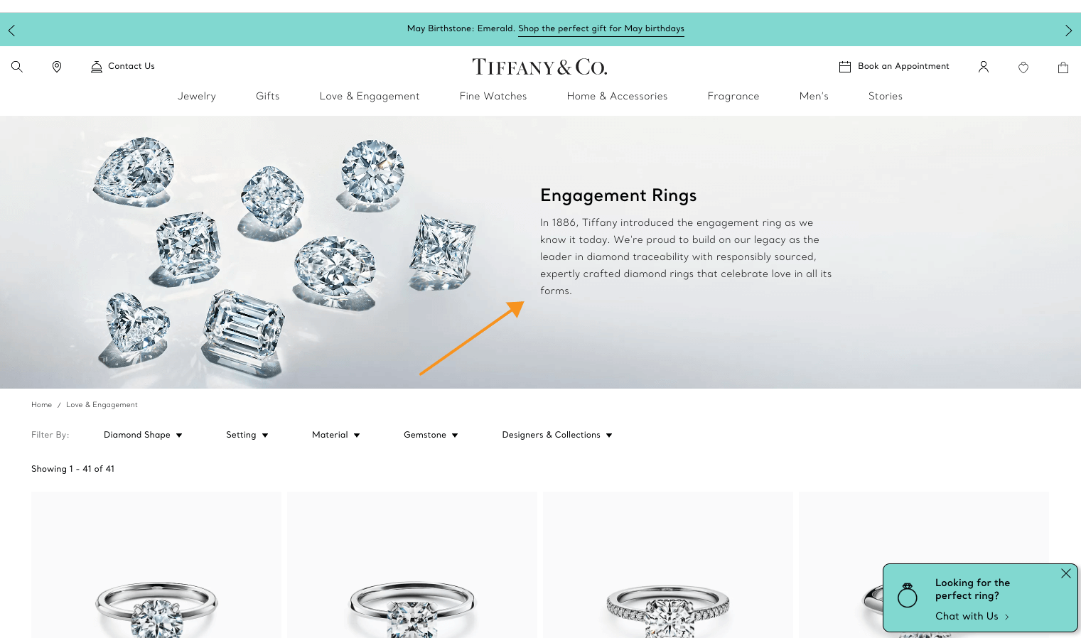 Keyword-rich text on Tiffany.com category page.