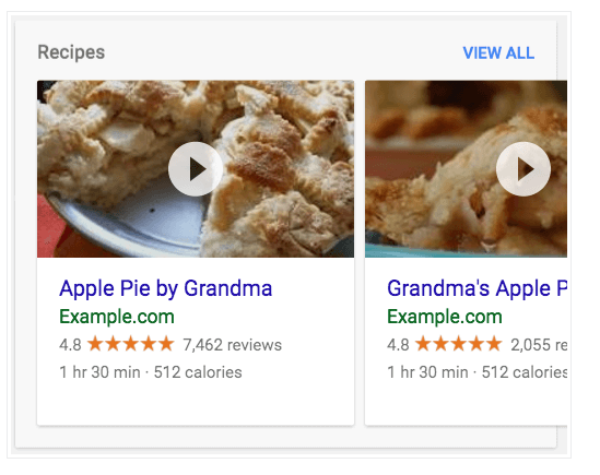 Recipe page generating a carousel listing in Google search results.