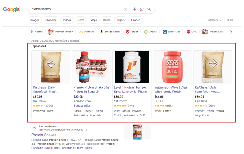 Google search engine results page for the query "protein shakes."
