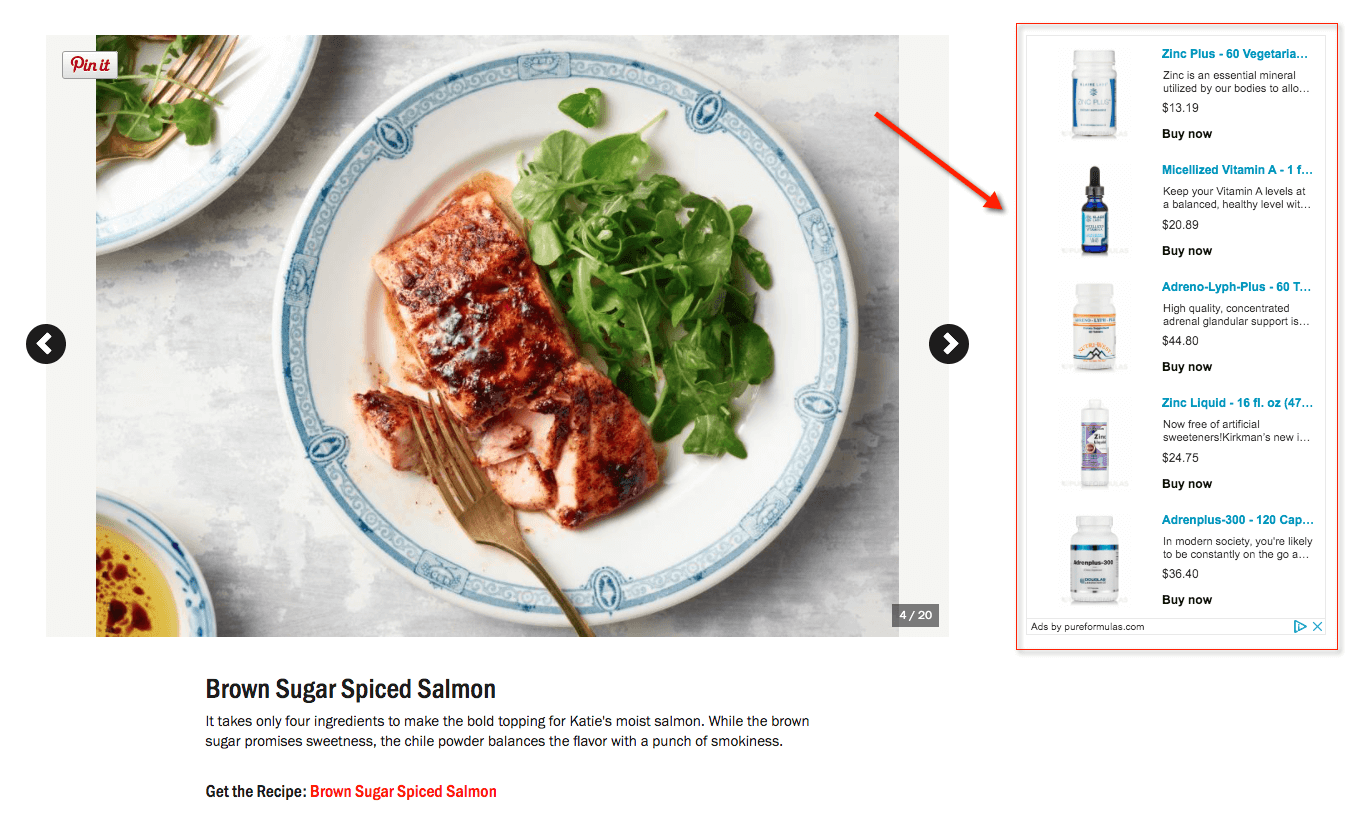 Example of display ad for supplements that shows up on a third-party recipe website.