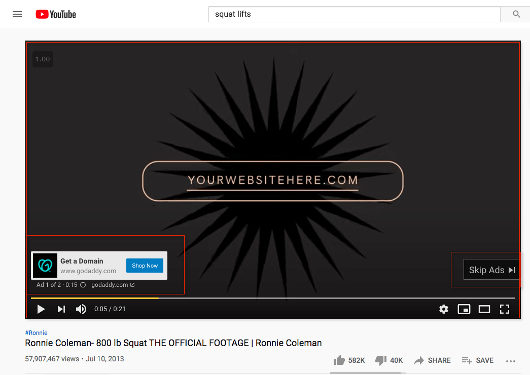 GoDaddy skippable in-stream ad displaying for a search for squat lifts.