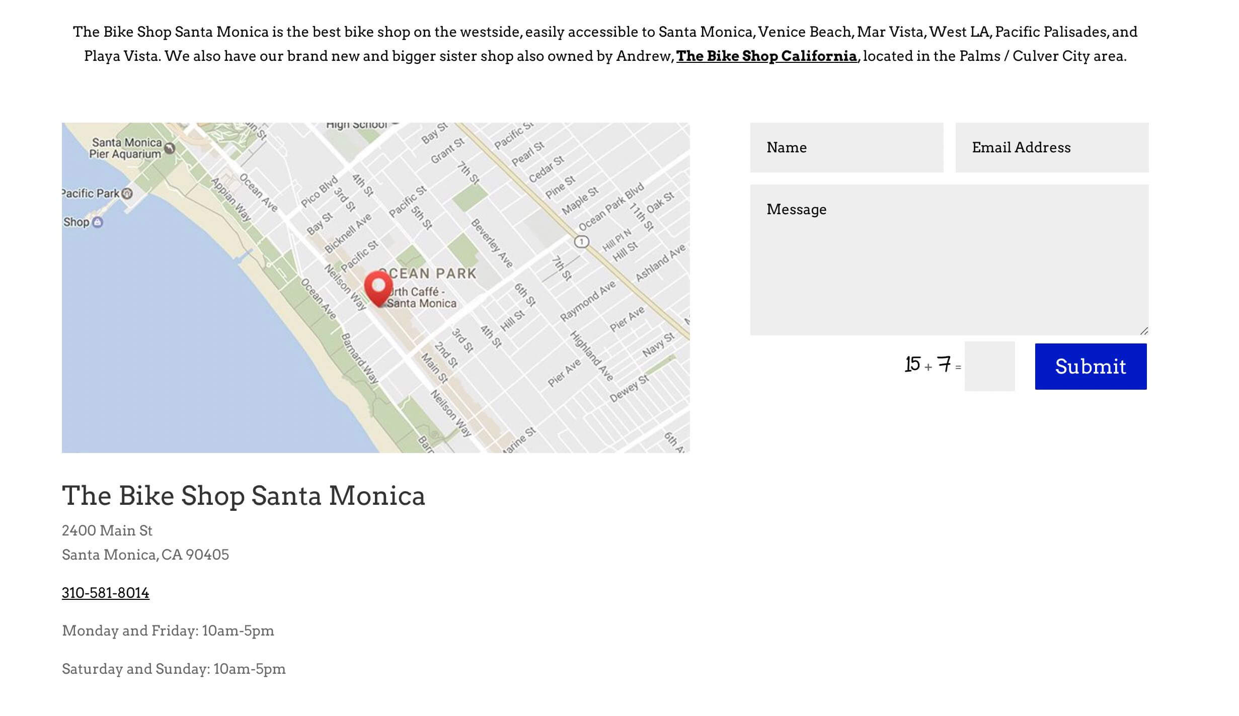The Bike Shop Santa Monica location page displaying map and address.