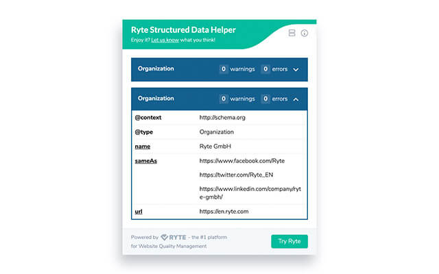 Screenshot of Ryte Structured Data Helper.