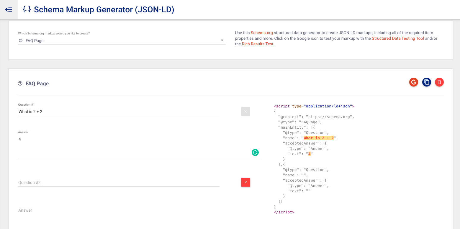 Screenshot of Schema Markup Generator.