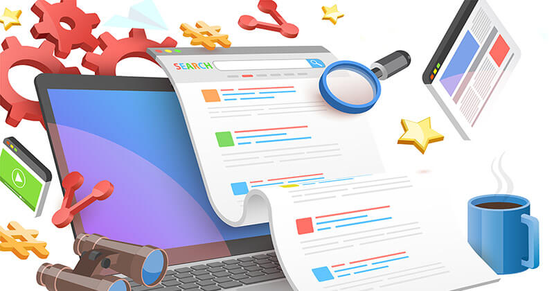 Illustration of search engine results page, magnifying glass, and laptop.