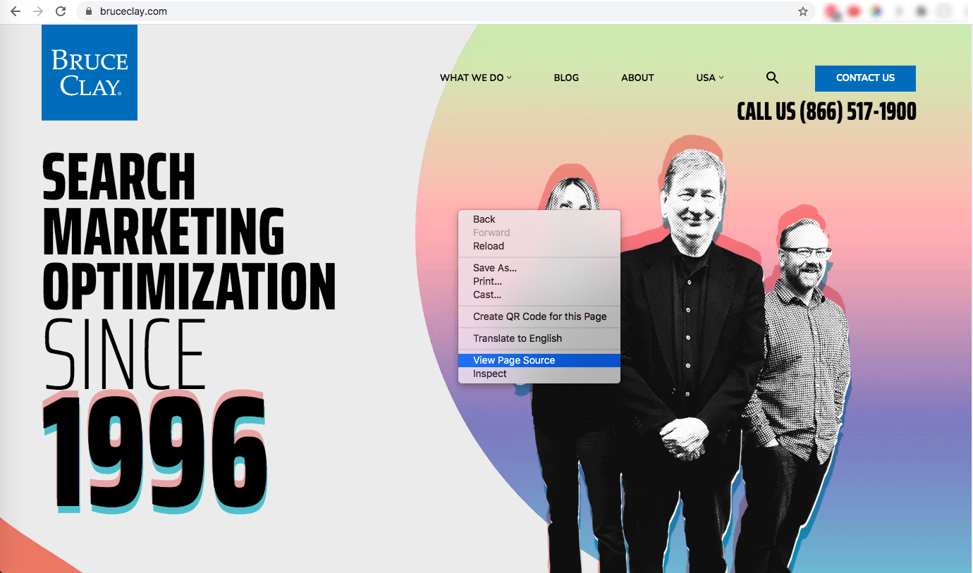 Screenshot of “view page source” on BruceClay.com.