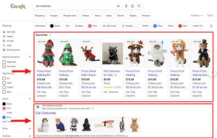 Google results page for cat costumes highlighting both paid and organic listings.
