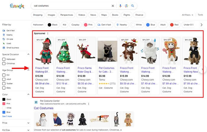 Google results page highlighting paid listing for cat costumes.