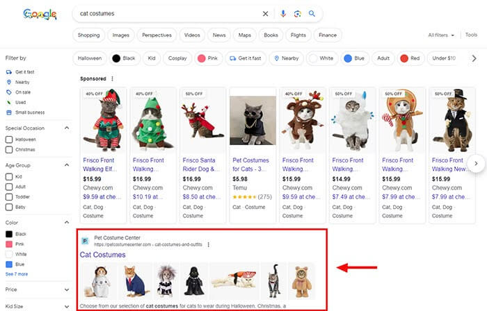 Google results page with cat costume organic listings highlighted.