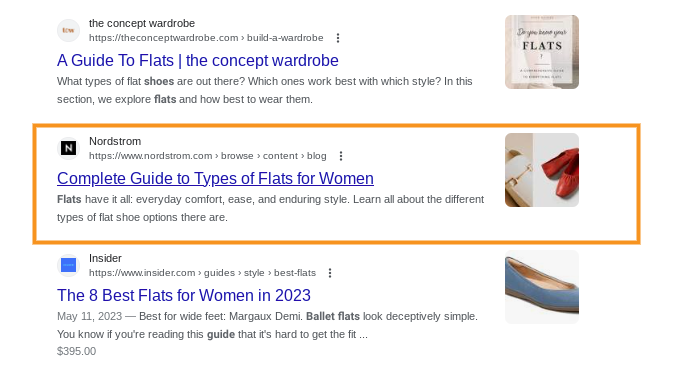 Nordstrom’s “A Guide to Different Types of Flats” listing in the Google Search results.