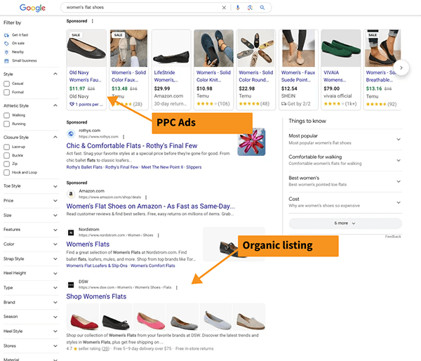 Google search engine results page for the query "women's flat shoes."