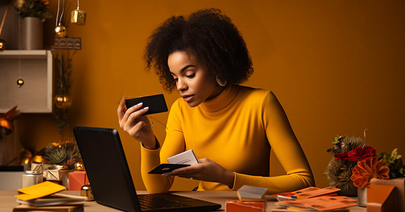 woman holds a credit card while shopping online.