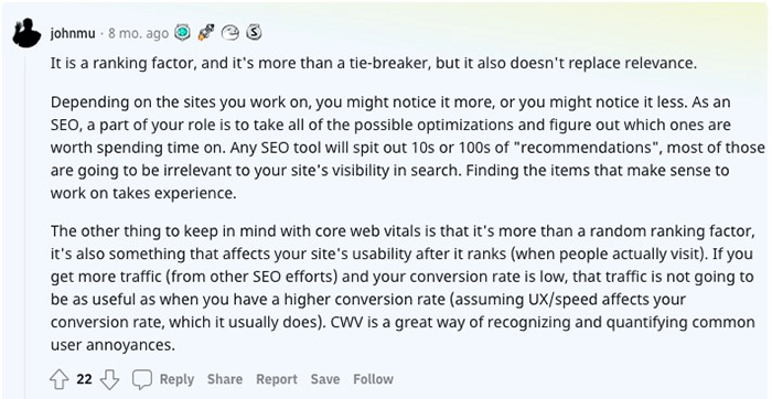 John Mueller response to the Reddit post "Anyone else not buying Core Web Vitals?".