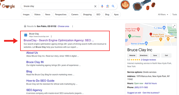 Google search engine results listing for BruceClay.com homepage, including title and description.