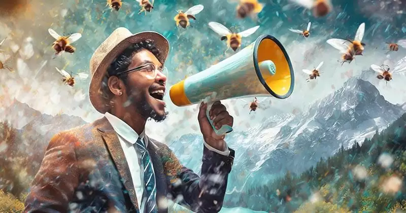 Man holds bullhorn to amplify his voice, bees buzzing around him.