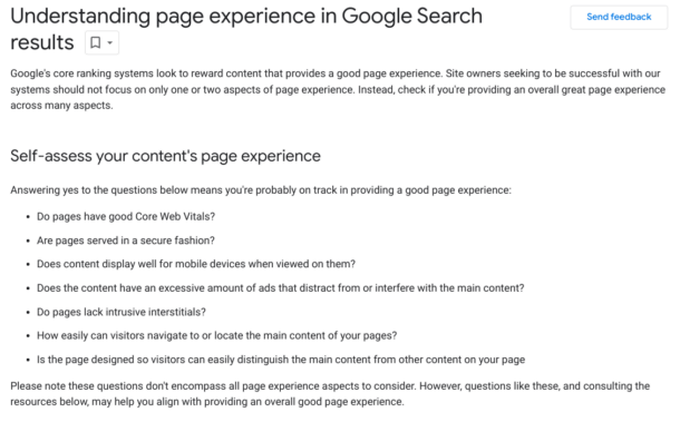 Screenshot of "Understanding Page Experience in Google Search Results," Google Search Central.