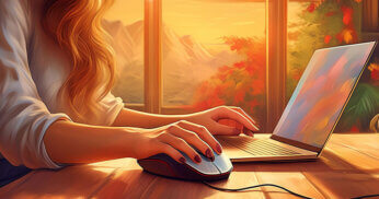 Woman working on a laptop clicking a mouse.