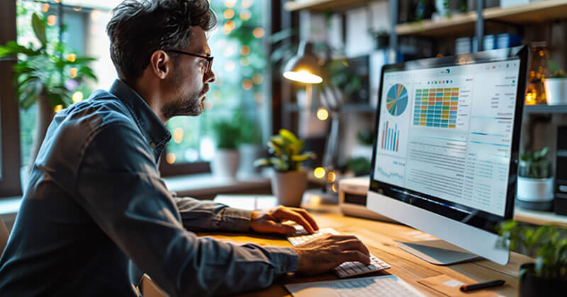 Man sitting at a desk optimizing web content on a desktop computer.