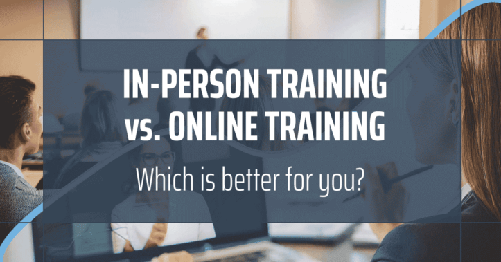 Split images; top image - people sitting in an in-person training class. Bottom image - woman taking notes while taking an online course.