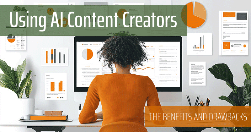 Woman sits at desk working on computer with various content icons around them.