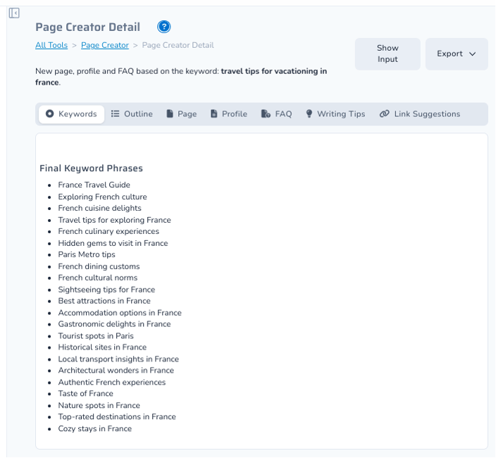 keywords report in prewriter.ai.