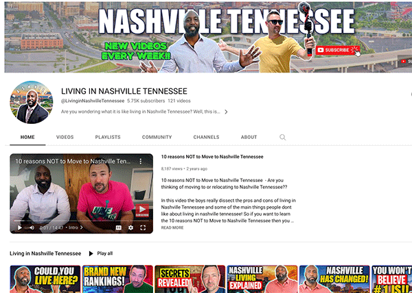 YouTube channel dedicated to living in Nashville, Tennessee, from a local real estate business.