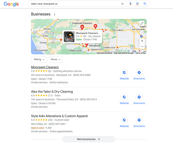 Local pack displaying in Google Search results for “tailor near moorpark ca.”