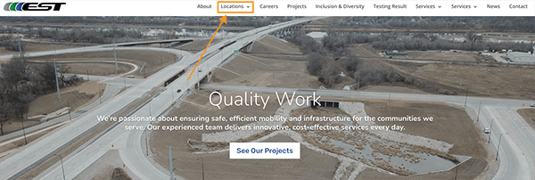Locations section featured in the main navigation at ESTinc.com.