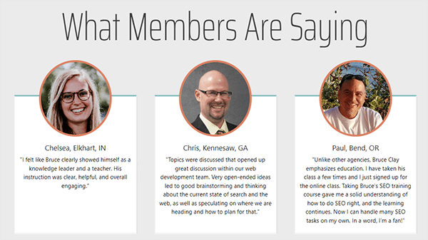 Testimonials on SEOtraining.com.