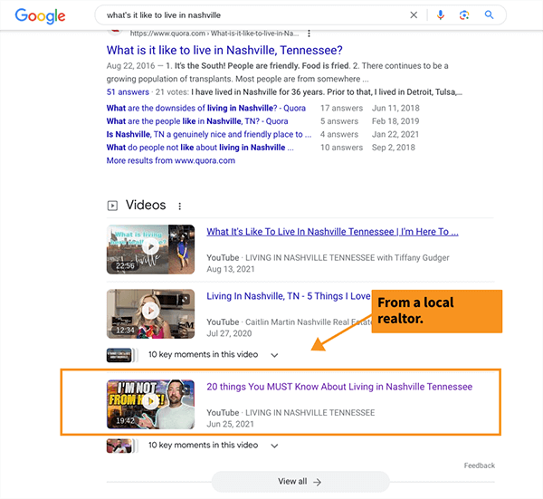Google video results from query "what's it like to live in Nashville?"