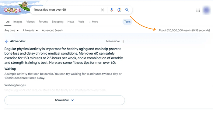 Google AI overview for the query "fitness tips men over 60."